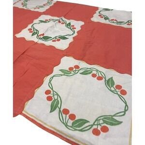 Vintage Handmade Handkerchief Patchwork Tablecloth 44x44 Cherry Scalloped